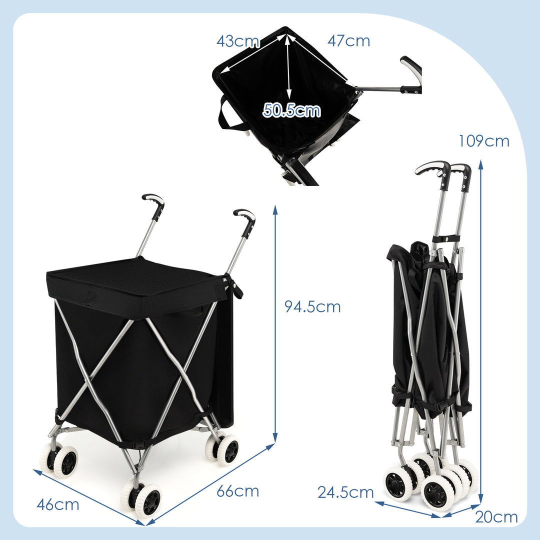 Folding Shopping Trolley with Removable Waterproof Bag- Black