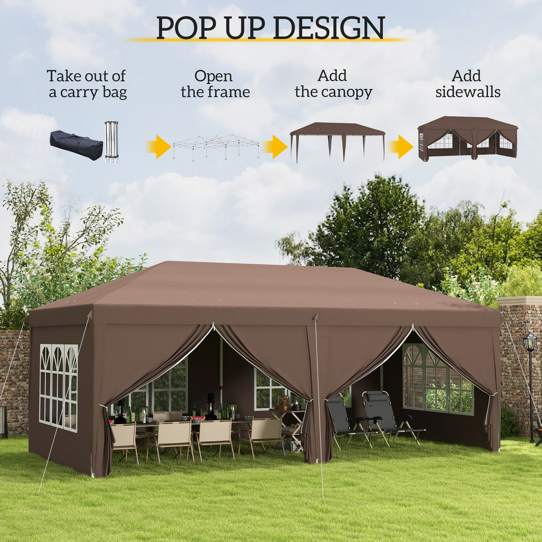 3 x 6 m Pop Up Gazebo with Sides and Windows, Height Adjustable Party Tent with Storage Bag for Garden, Camping, Event, Brown