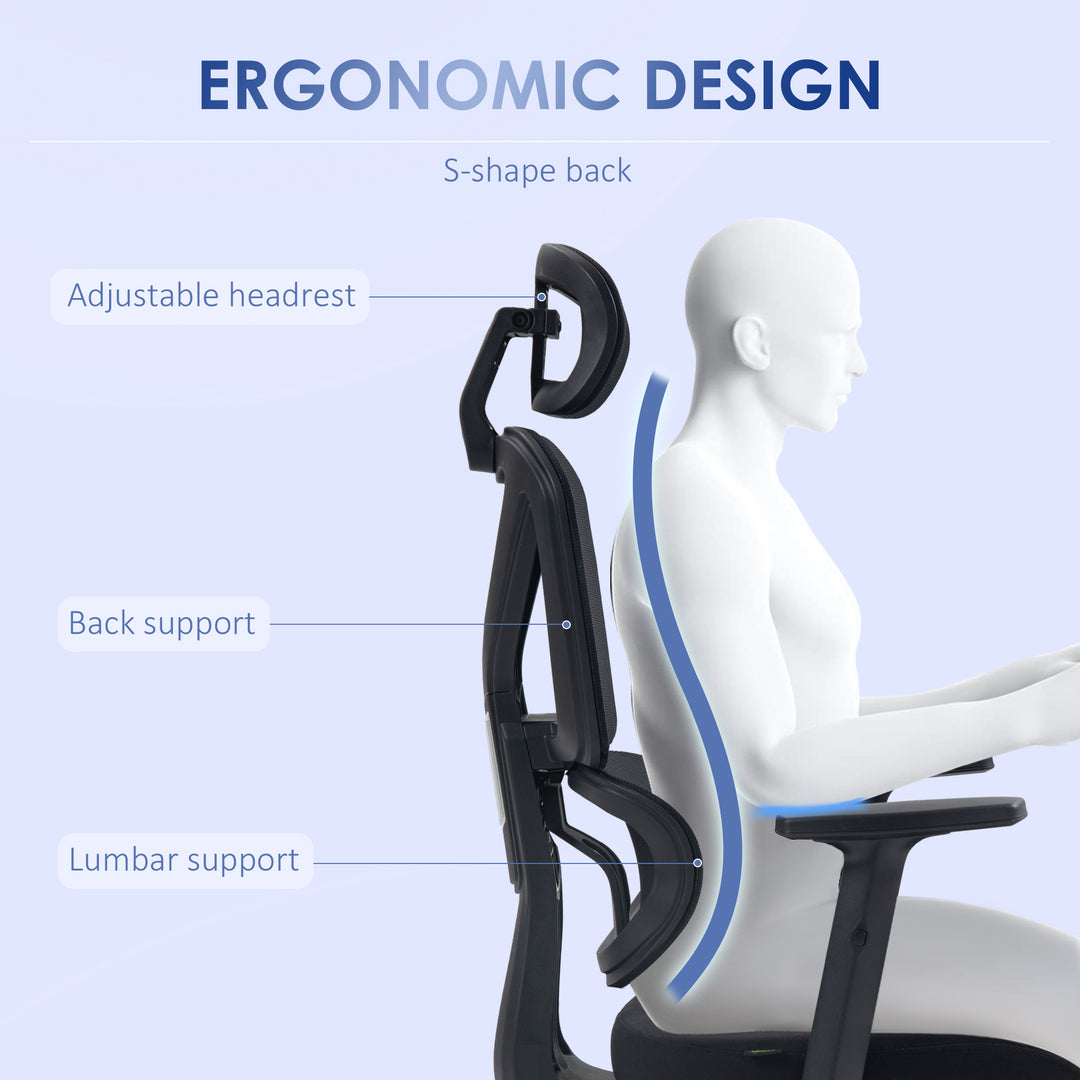 Vinsetto Mesh Office Chair, Ergonomic High-Back Swivel Desk Chair with Adjustable Height, Headrest, Lumbar Support, Padded Seat for Home Office Black
