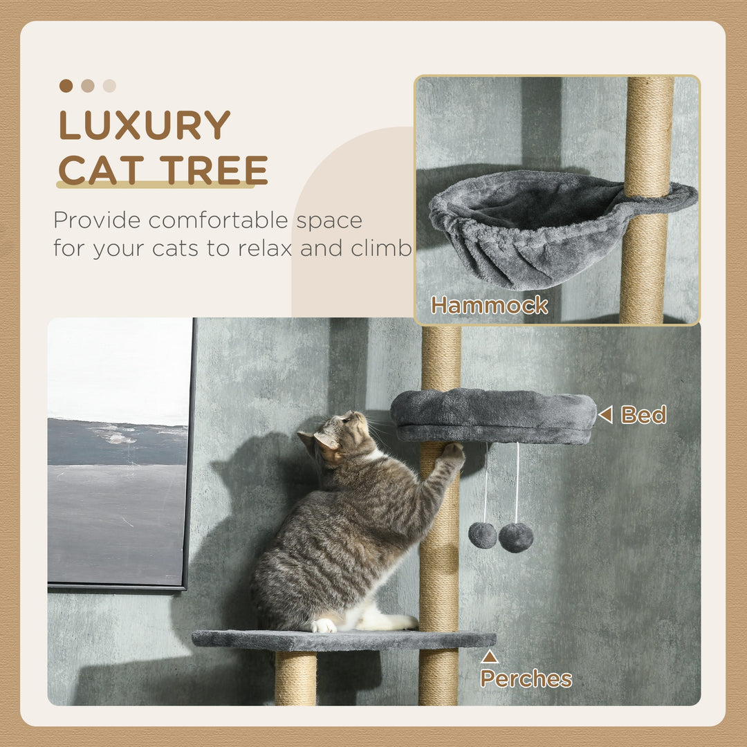 PawHut Floor to Ceiling Cat Tree for Indoor Cats, 6-Tier Play Tower Climbing Activity Center with Scratching Post, Platforms, Bed, Hammock, Adjustable Height 230-250cm, Grey