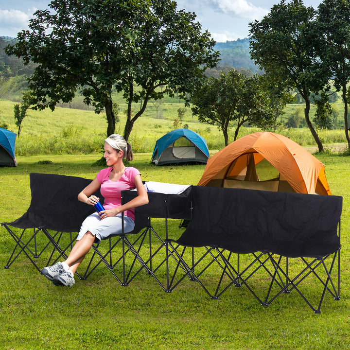 6-Seater Folding Steel Camping Bench w/ Cooler Bag Black