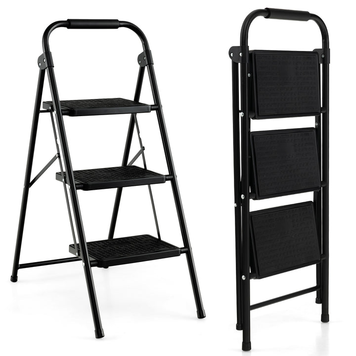 Folding Portable 3 Step Ladder with Anti-Slip Pedal and Handle-Black