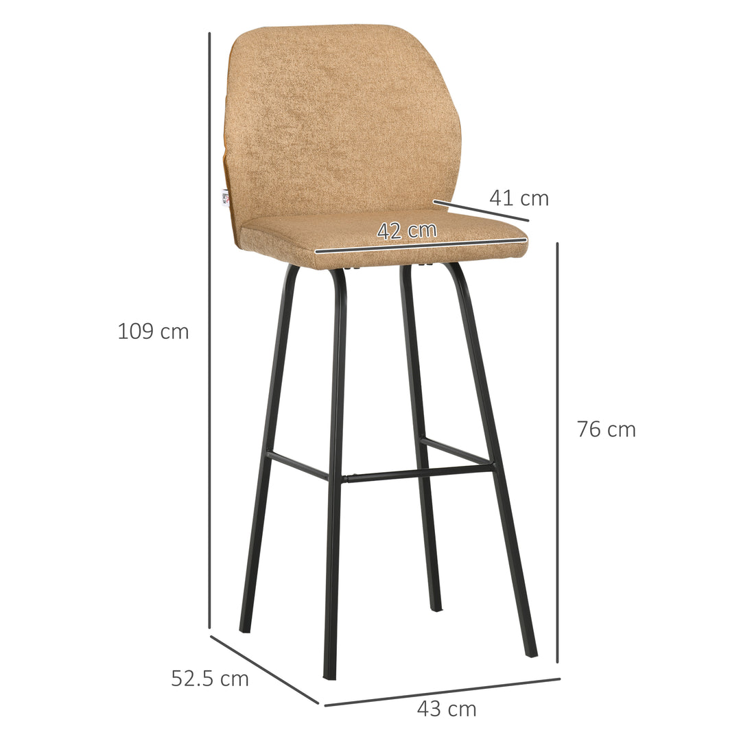 Bar Stools Set of 4, Linen-Touch Upholstered Bar Chairs, Kitchen Stools with Backs and Steel Legs for Dining Room, Light Brown