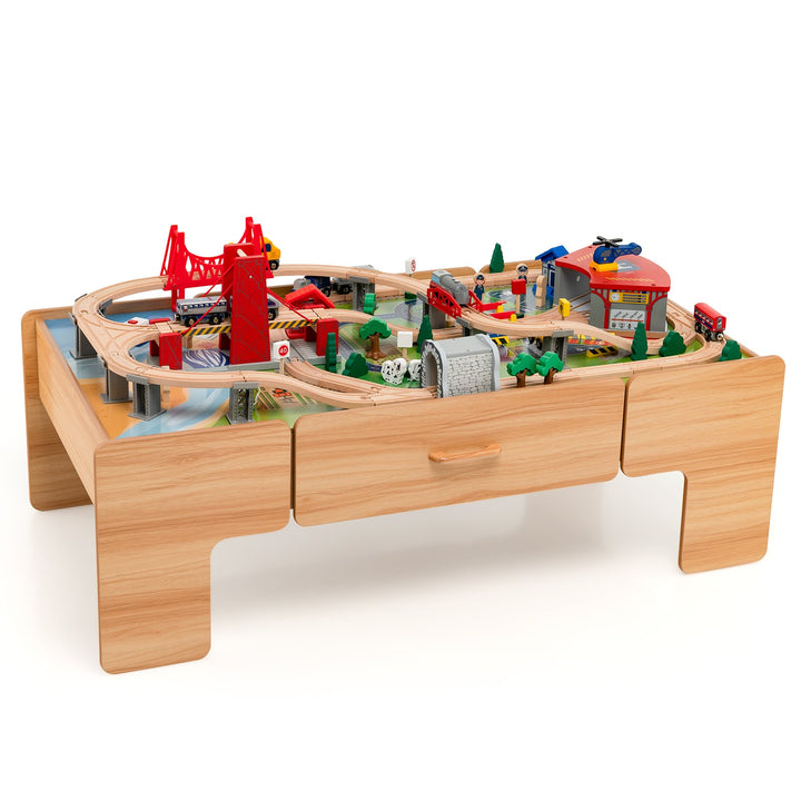 Wooden Train Track Set with Reversible Tabletop 100 Pieces Toy and Storage Drawer