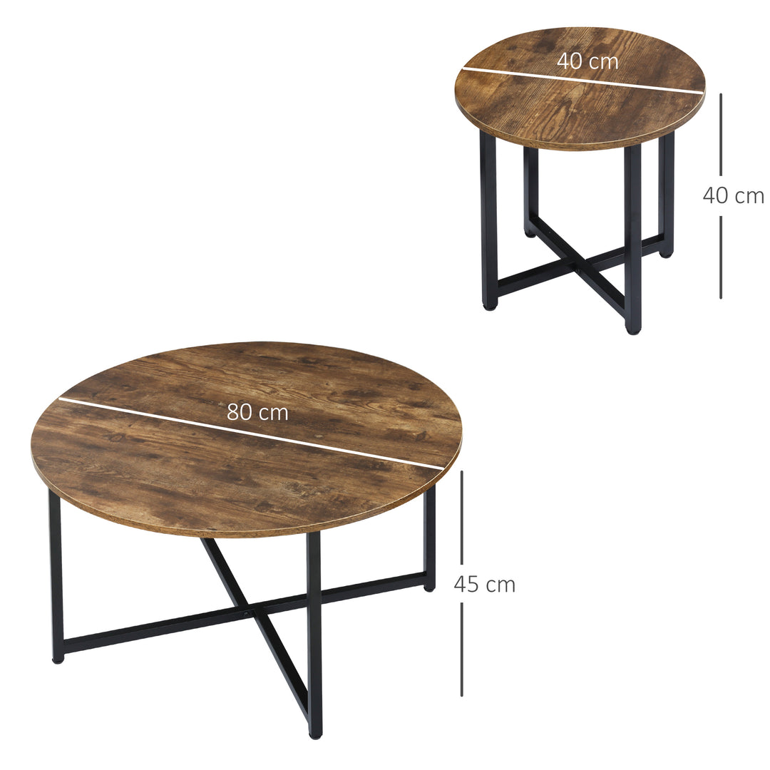 HOMCOM Round Coffee Table, Nesting Set of 2 with Metal Frame, Industrial Side End Table for Living Room Bedroom, Rustic Brown