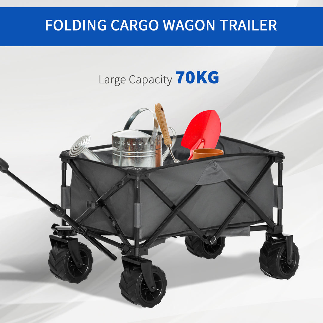 Outdoor Pull Along Cart Folding Cargo Wagon Trailer Trolley for Beach Garden with Handle, Anti-Slip Wheel - Dark Grey