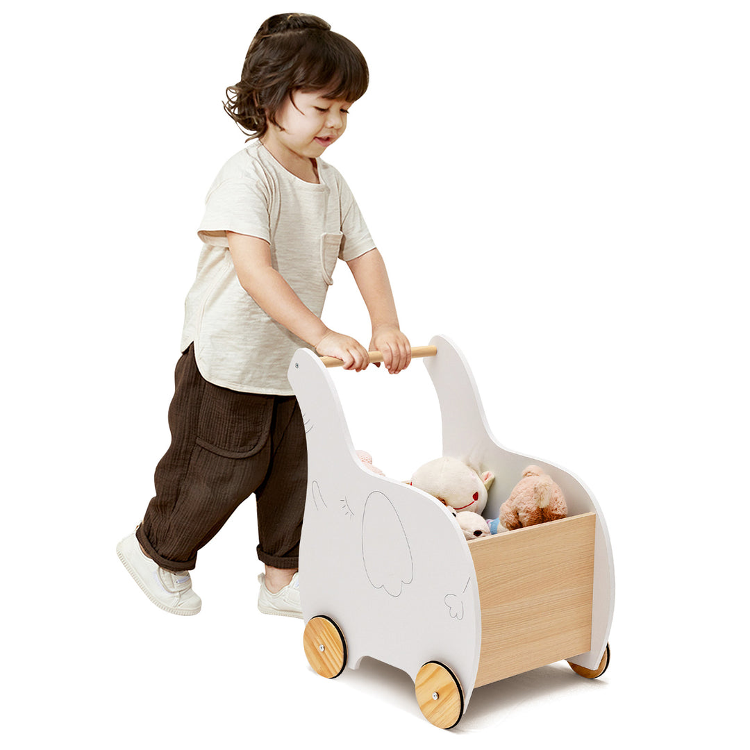 2-in-1 Wooden Baby Walker with Storage Chest and 4 Wheels-White