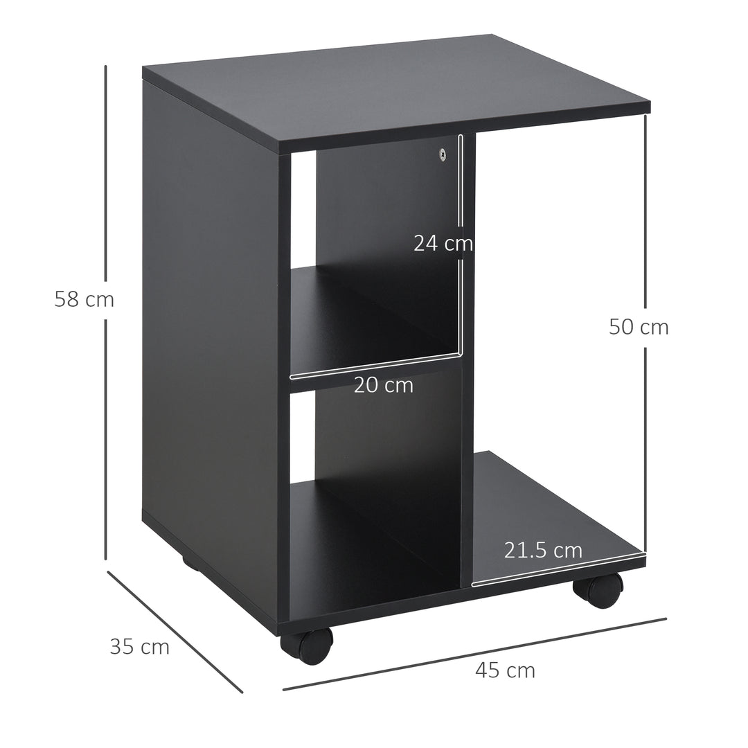 C-Shape End Table Unique Storage Unit w/ 2 Shelves 4 Wheels Freestanding Home Office Furniture Cabinet Square Studio Black