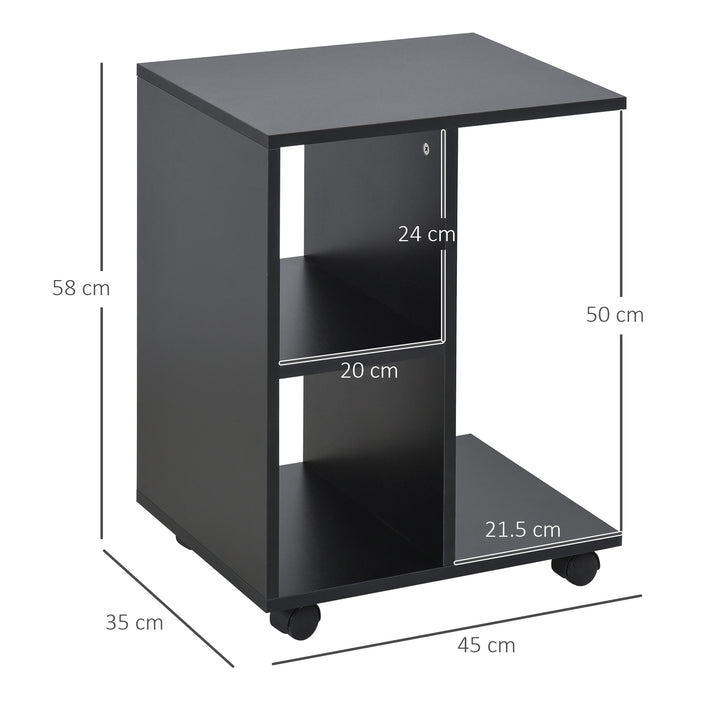 C-Shape End Table Unique Storage Unit w/ 2 Shelves 4 Wheels Freestanding Home Office Furniture Cabinet Square Studio Black