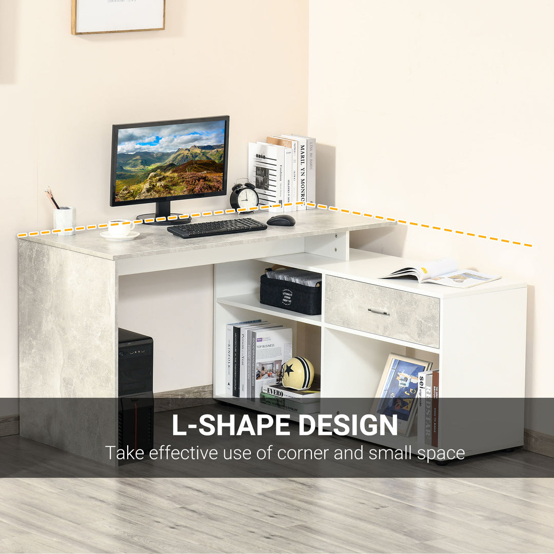 HOMCOM L-Shaped Computer Desk Home Office Corner Desk Study Workstation Space Saving Table with Shelves Drawer, Grey and White
