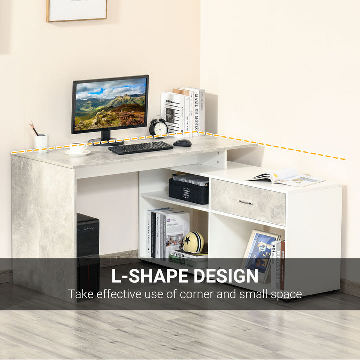 HOMCOM L-Shaped Computer Desk Home Office Corner Desk Study Workstation Space Saving Table with Shelves Drawer, Grey and White