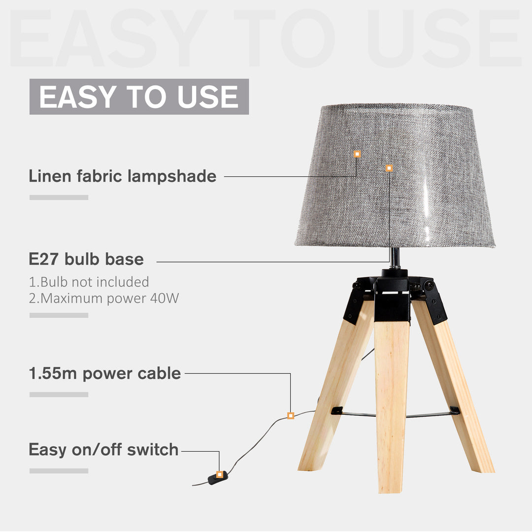 Wooden Tripod Table Lamp for Side, Desk or End Table with E27 Bulb Base（Grey Shade）