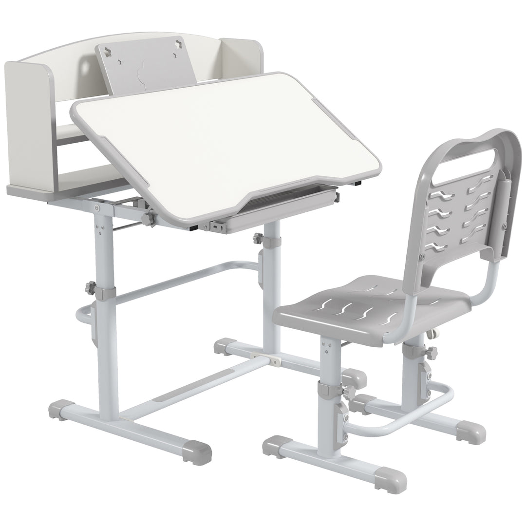 Height Adjustable Kids Study Table and Chair Set, with Drawer, Storage Shelf, Grey