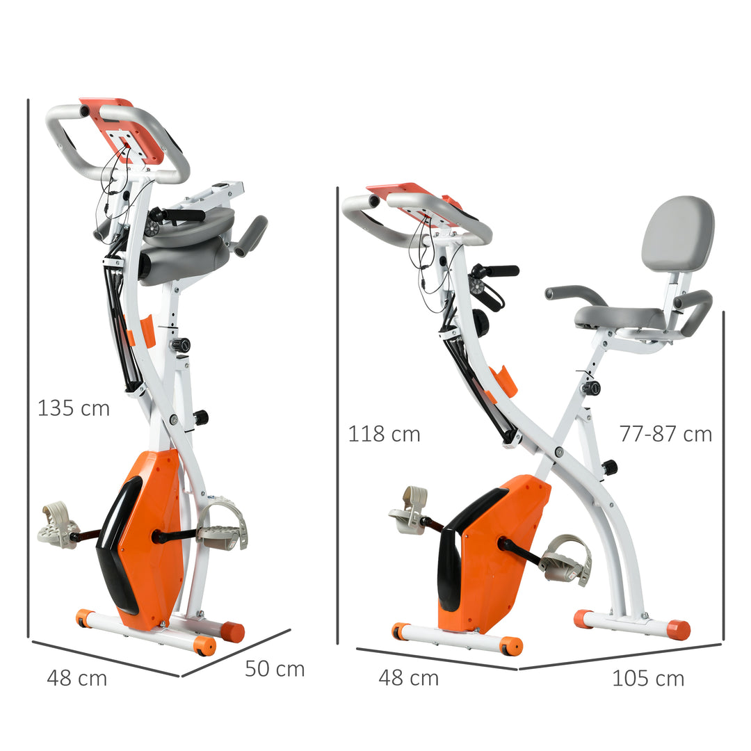 HOMCOM 2-in-1 Upright  Exercise Bike Stationary Foldable Magnetic Recumbent Cycling with Arm Resistance Bands Orange