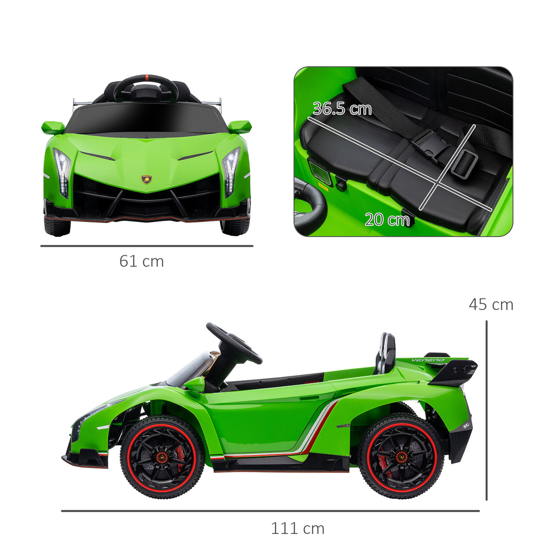 Lamborghini Veneno Licensed 12V Kids Electric Ride on Car with Butterfly Doors, Portable Battery, Powered Electric Car with Bluetooth, Remote, Music, Horn, Suspension, for 3-6 Years - Green