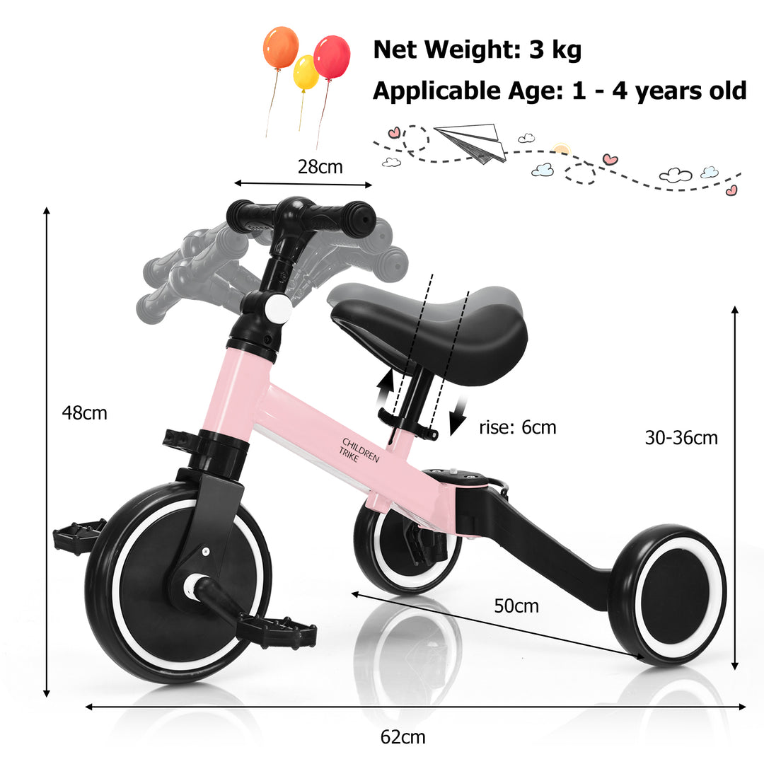 Convertible Balance Kids Bike Trike with Detachable Pedal- Pink