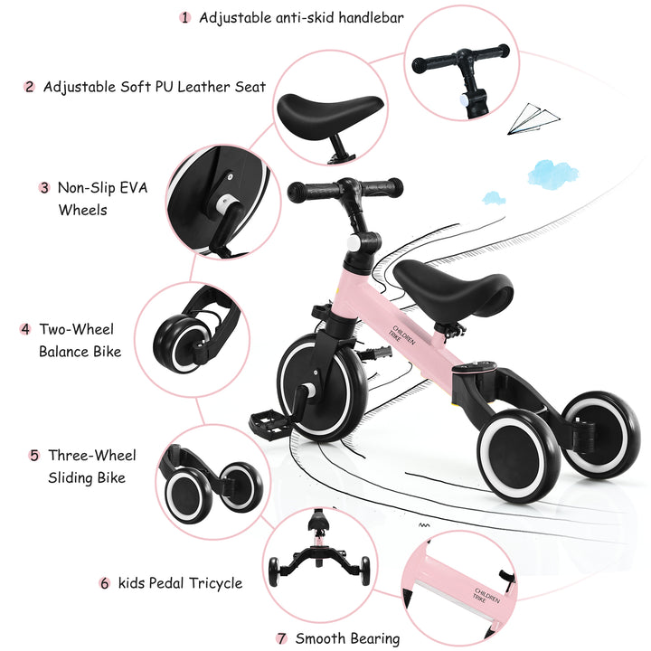 Convertible Balance Kids Bike Trike with Detachable Pedal- Pink