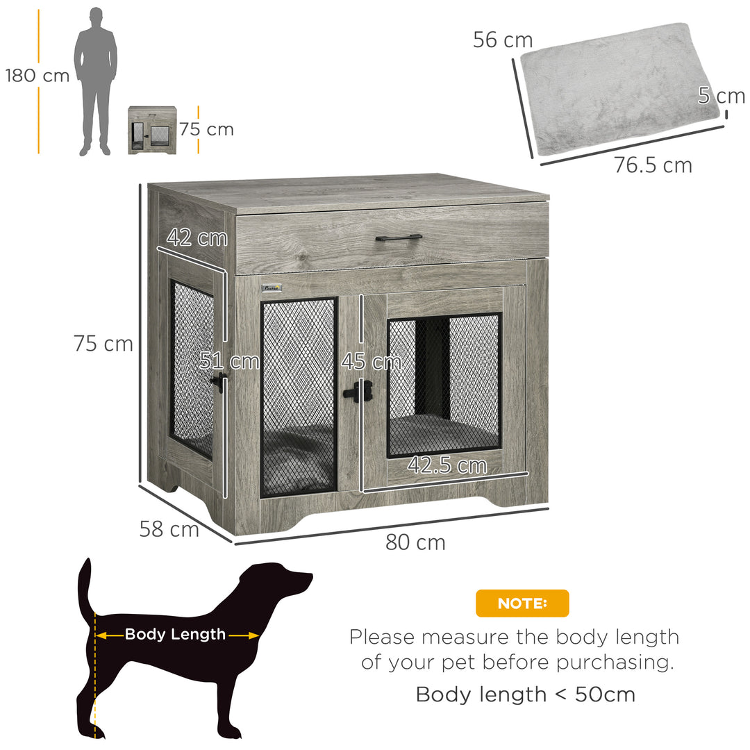 PawHut Indoor Use Dog Crate Furniture with Cushion, Double Doors Pet Kennel End Table with Drawer for Medium Dogs, Grey