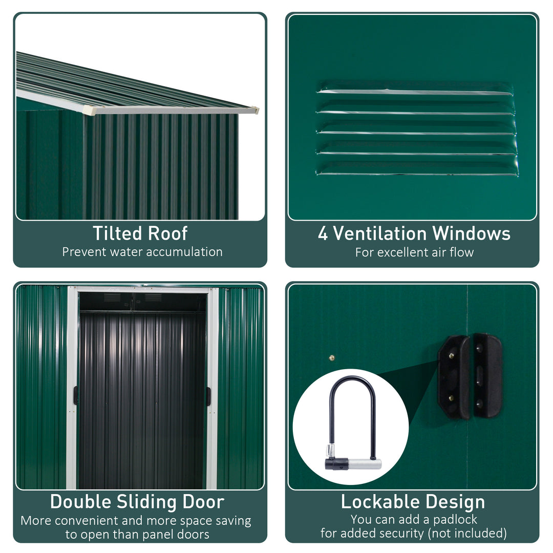 Outsunny 8 x 6 ft Metal Garden Storage Shed Corrugated Steel Roofed Tool Box with Ventilation and Sliding Doors, Green