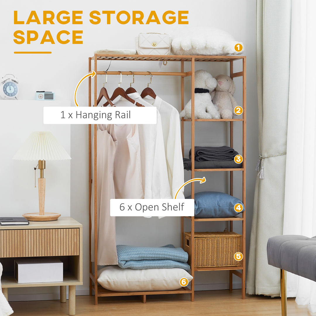 Bamboo Clothes Rack for Bedroom Garment Rack with 6-Tier Storage Shelf Hanging Rod Clothes Rail for Living Room Entryway