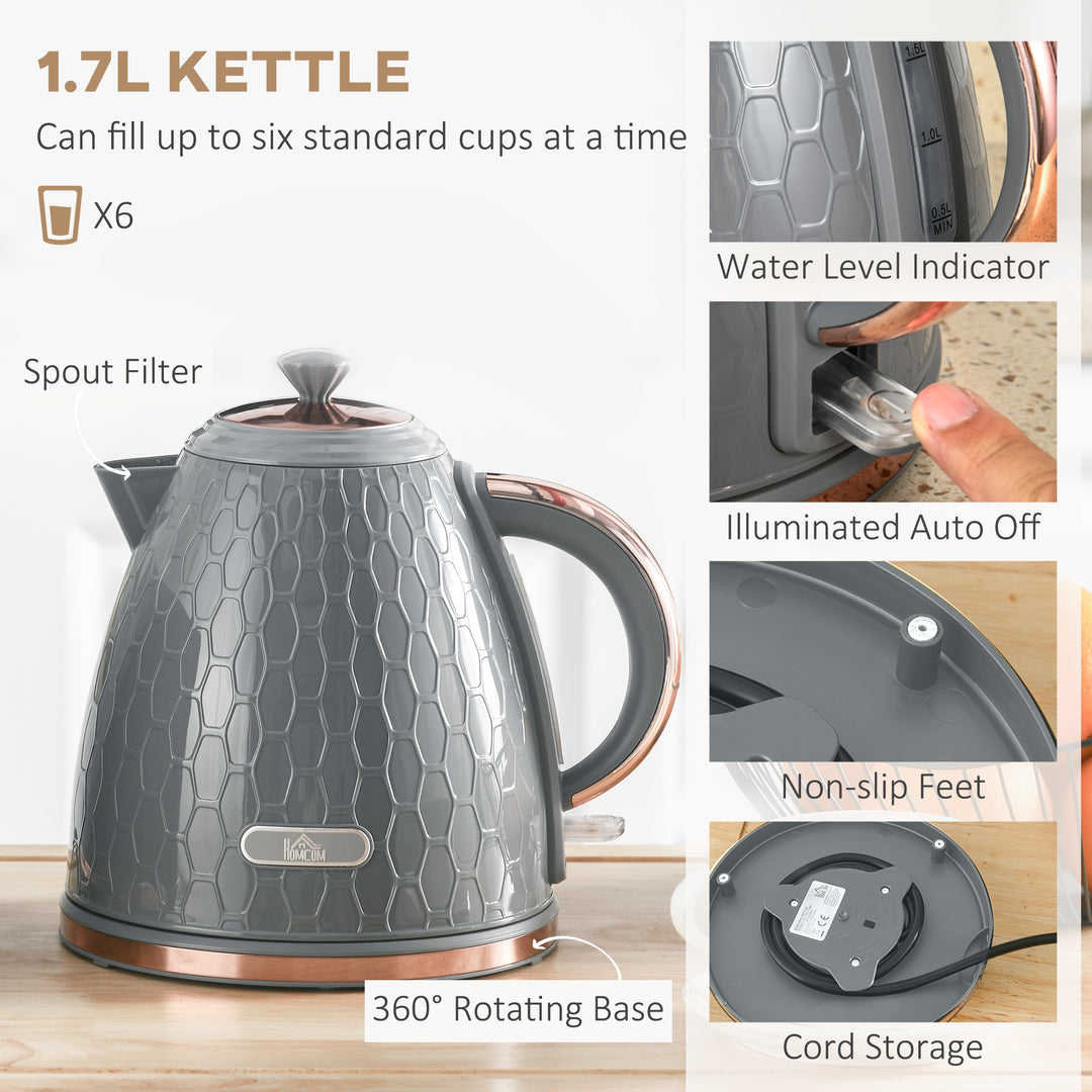 Fast Boil Kettle & 2 Slice Toaster Set, Kettle and Toaster with Auto Shut Off, Browning Controls, 1.7L 3000W Grey