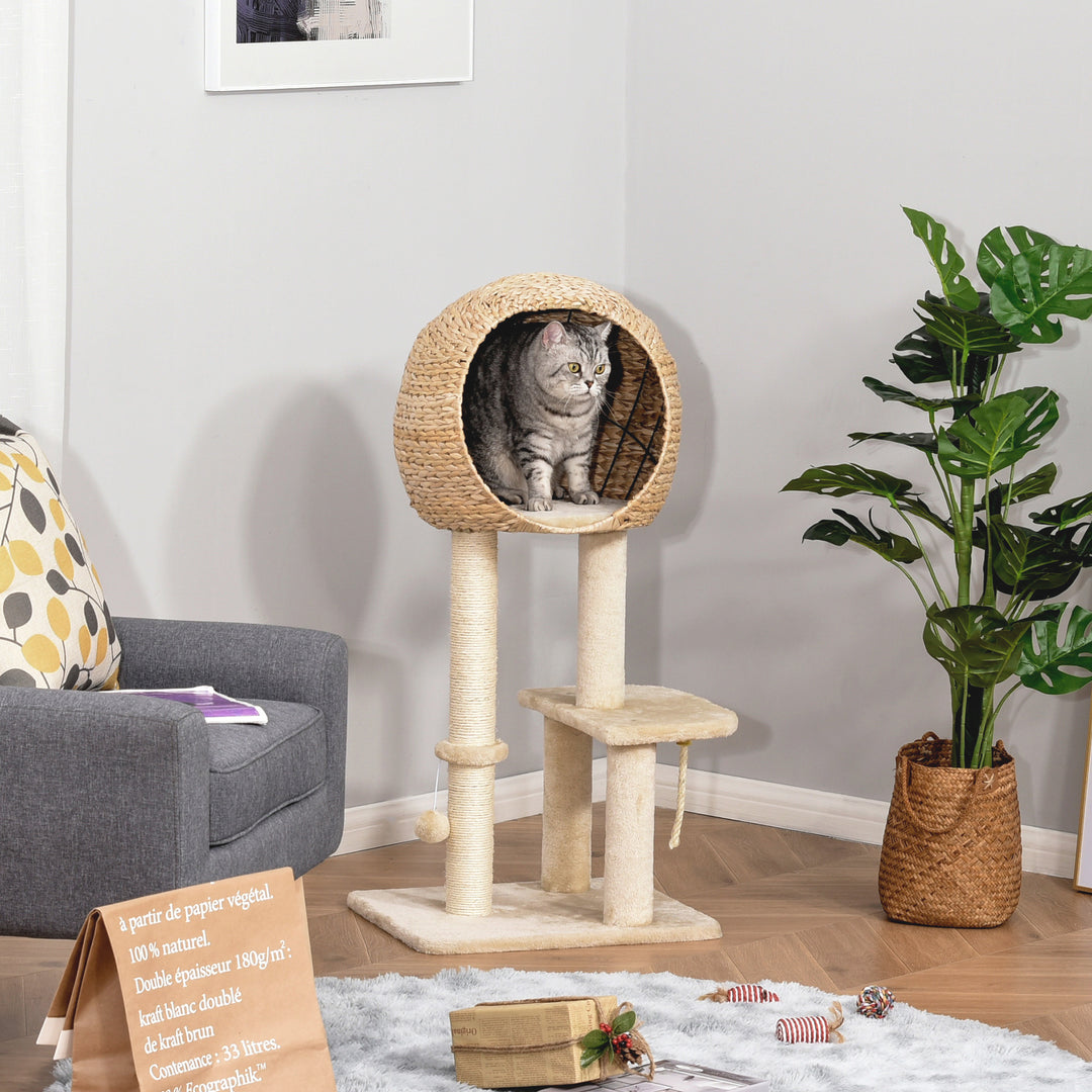 PawHut Cat tree Cat Tower 100cm Climbing Activity Center with Sisal Scratching Post Condo Perch Hanging Balls Teasing Rope Toy Cushion