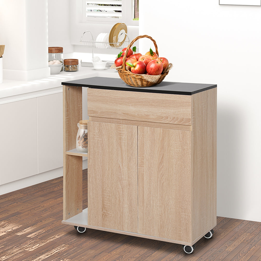 Kitchen Storage Trolley Cart Cupboard Rolling Island Shelves Cabinet With Door and Drawer Locking Wheels