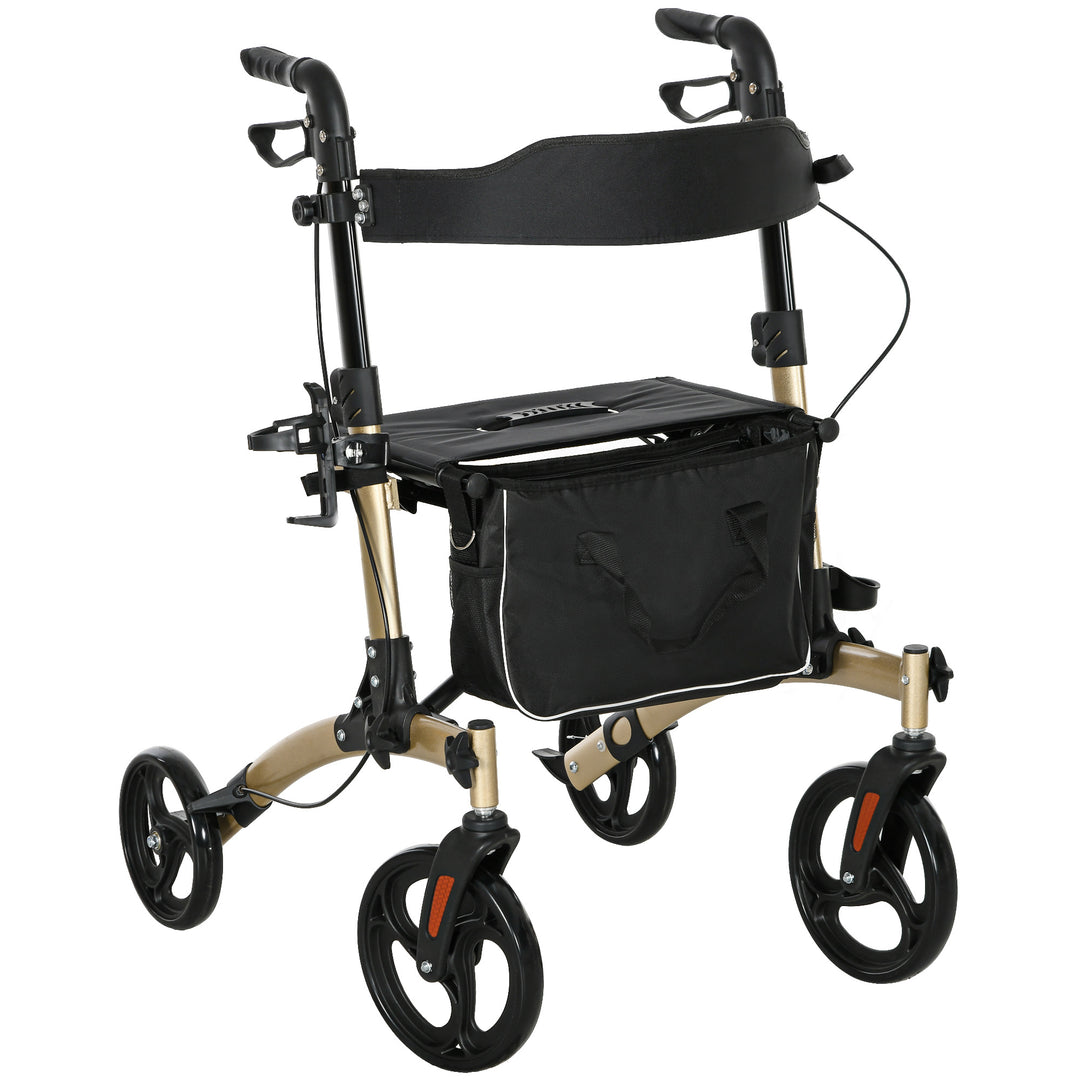 Folding Rollator with Cane Holder, Adjustable Handle Height and Aluminum Frame, 4 Wheeled Mobility Walker with Seat and Bag, Gold