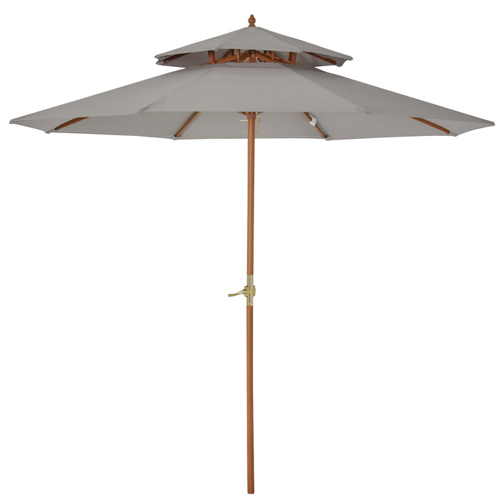 Outsunny 2.7 m Double Tier Outdoor Patio Garden Sun Umbrella Sunshade Wooden Parasol Grey Shade Canopy