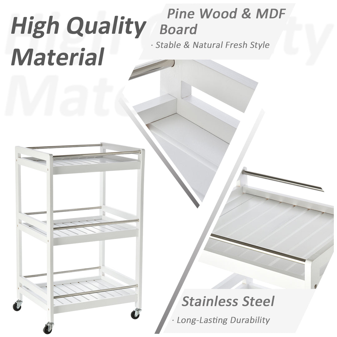 3-Tier Home Trolley Kitchen Storage w/ Steel Bars 4 Wheels Rolling Unit Organiser Living Room White