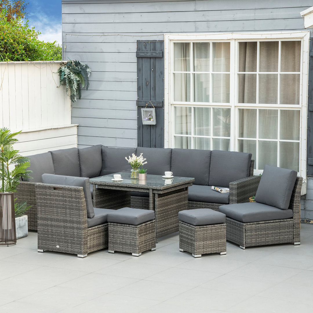 7 Piece Rattan Garden Furniture Set, 10-Seater Sofa Sectional with Cushioned Sofa Seat, Footstools and Expandable Glass Table for Yard Grey