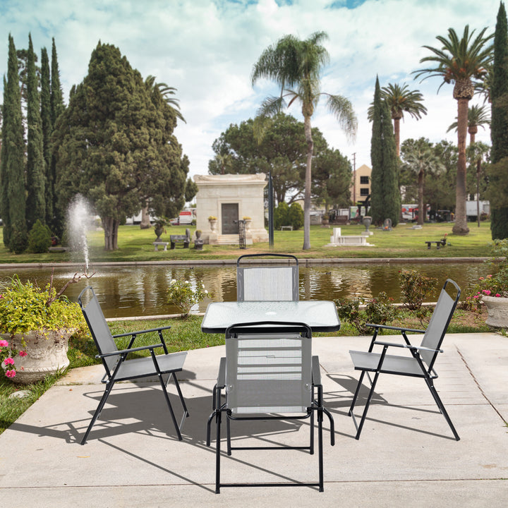 5 Piece Garden Dining Set Outdoor Dining Furniture 4 Folding Chairs, Glass Top Table with Parasol Hole, Texteline Seats, Black