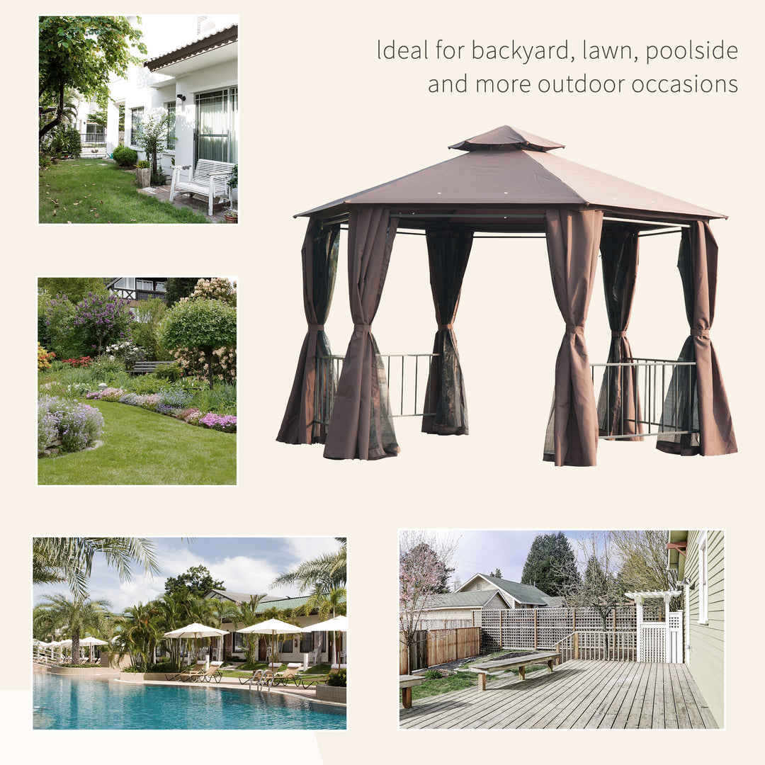 Hexagon Gazebo Patio Canopy Party Tent Outdoor Garden Shelter w/ 2 Tier Roof & Side Panel - Brown