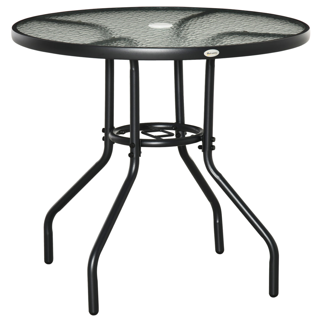 Outdoor Round Dining Table Tempered Glass Top Steel Garden Table w/ Parasol Hole 80cm