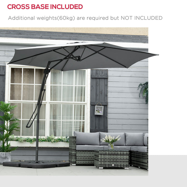 3m Cantilever Parasol with Easy Lever, Patio Umbrella with Crank Handle, Cross Base and 6 Metal Ribs, Outdoor Sun Shades for Garden, Grey