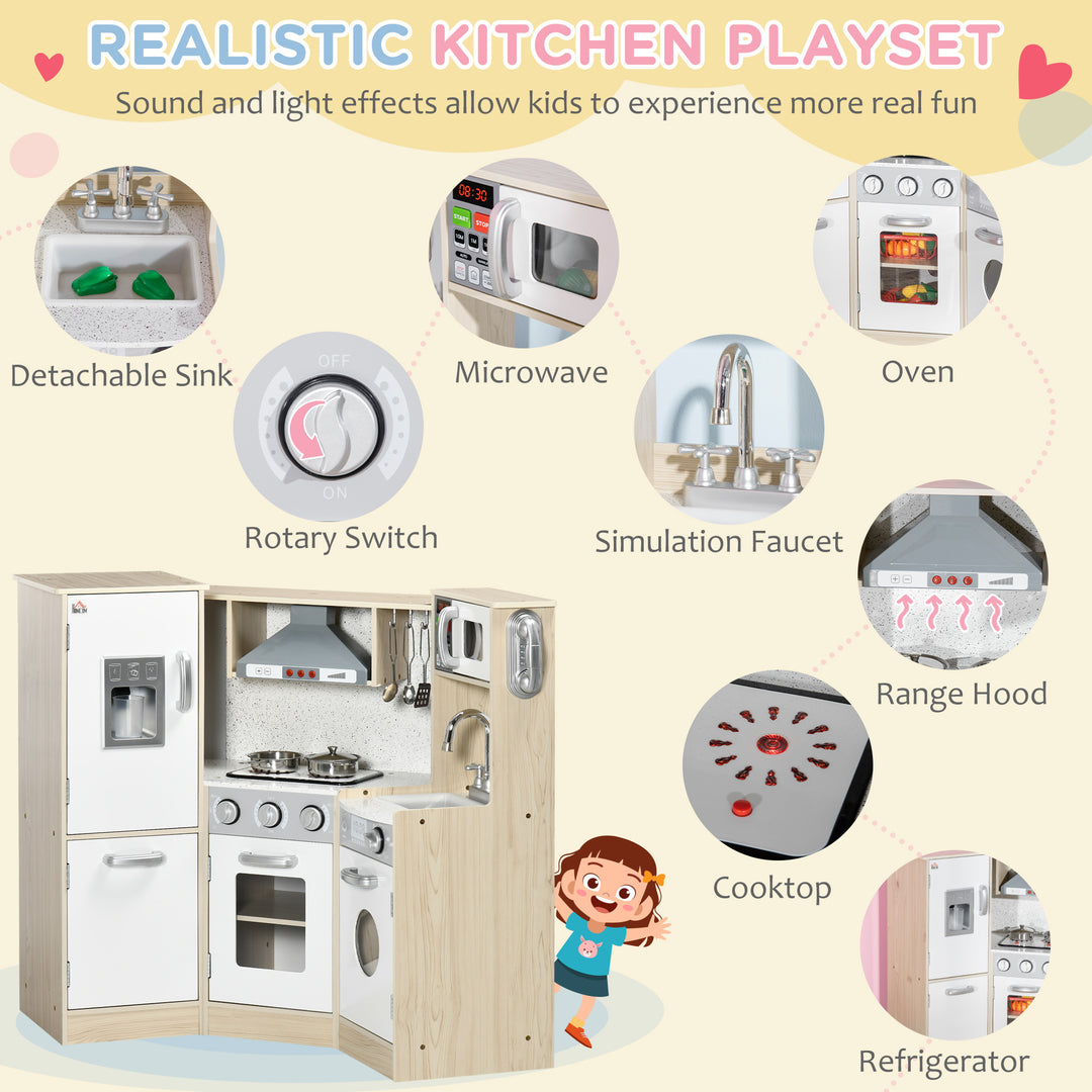 HOMCOM Toy Kitchen for Kids with Role Play Accessories, Wooden Corner Pretend Kitchen with Sound and Light, Phone, Microwave, Refrigerator, Ice Maker