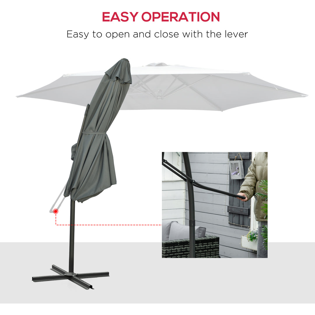3m Cantilever Parasol with Easy Lever, Patio Umbrella with Crank Handle, Cross Base and 6 Metal Ribs, Outdoor Sun Shades for Garden, Grey