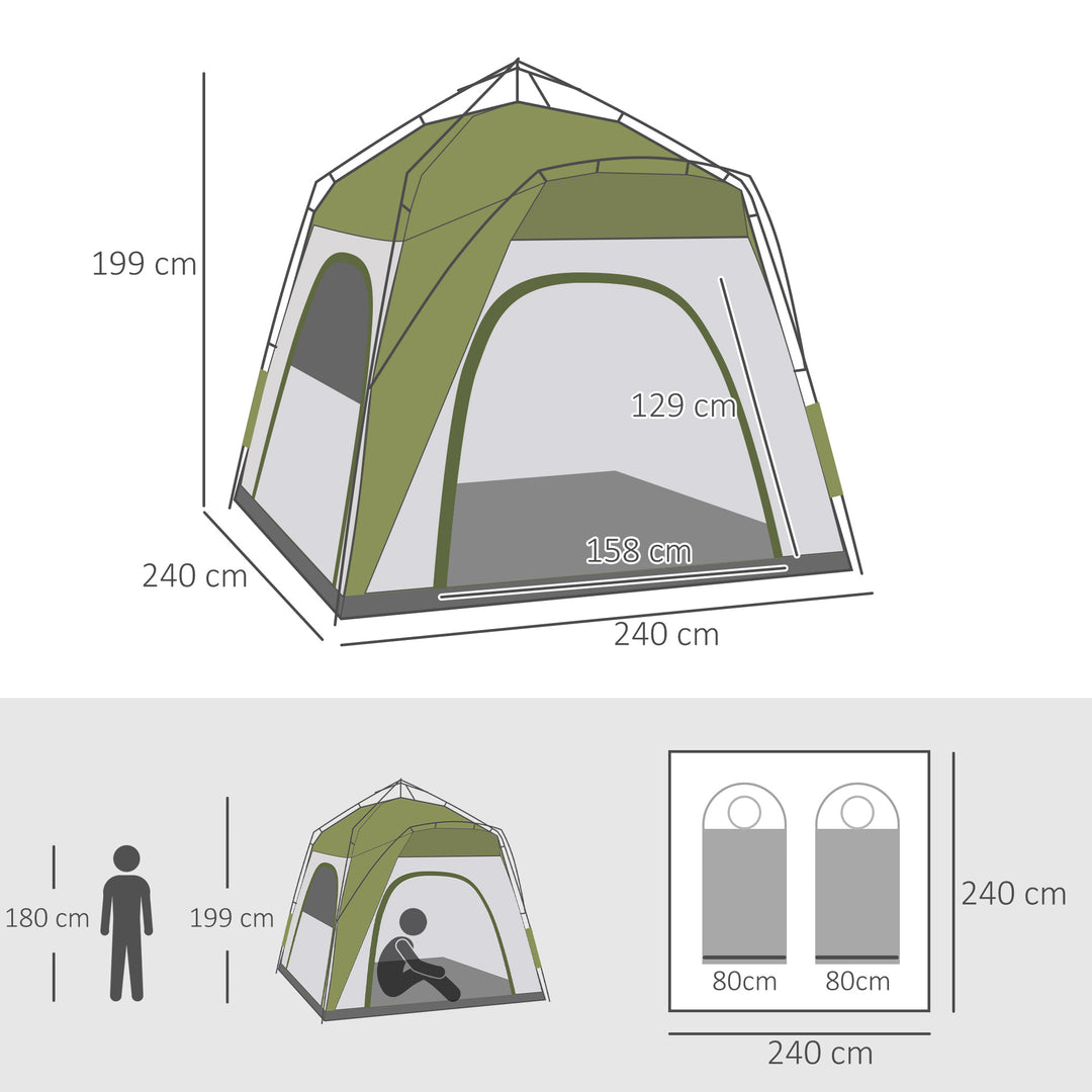 4 Person Automatic Camping Tent, Outdoor Pop Up Tent, Portable Backpacking Dome Shelter, Green