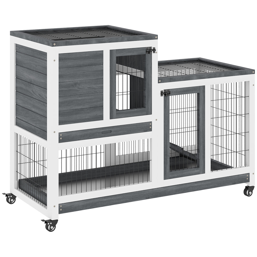 PawHut Indoor Wooden Rabbit Hutch Guinea Pigs House Bunny Small Animal Cage W/ Wheels Enclosed Run 110 x 50 x 86 cm