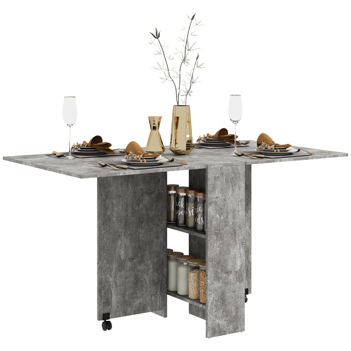 Folding Dining Table, Drop Leaf Table for Small Spaces with 2-tier Shelves, Small Kitchen Table with Rolling Casters, Cement Grey