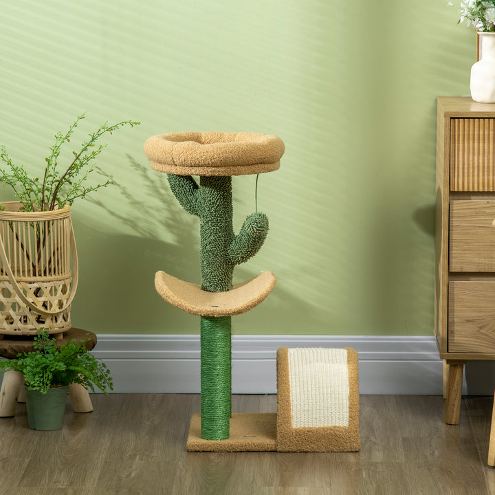 PawHut 72cm Cat Tree, Kitty Activity Center, Wooden Cat Climbing Toy, Cat Tower with Bed Ball Toy Sisal Scratching Post Curved Pad, Yellow