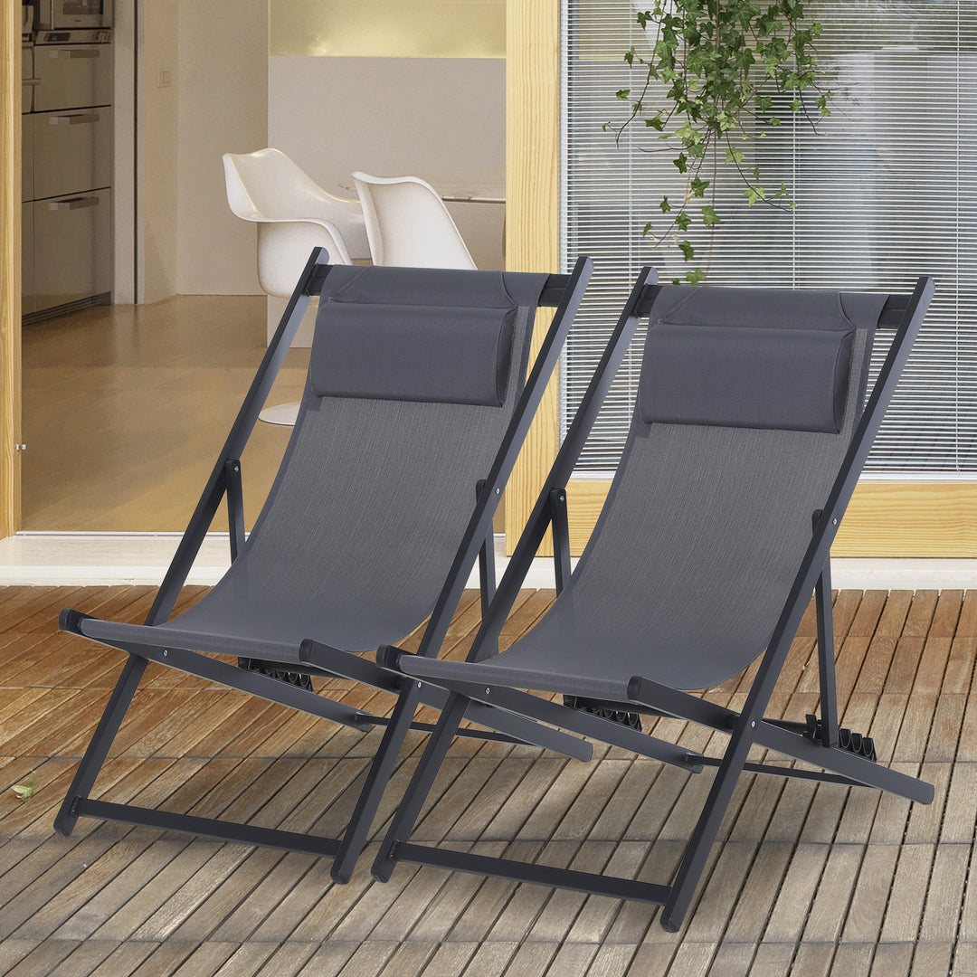 Set of 2 Folding Garden Beach Deck Chairs Deckchairs Seaside Folding Garden Patio Lounger, Grey
