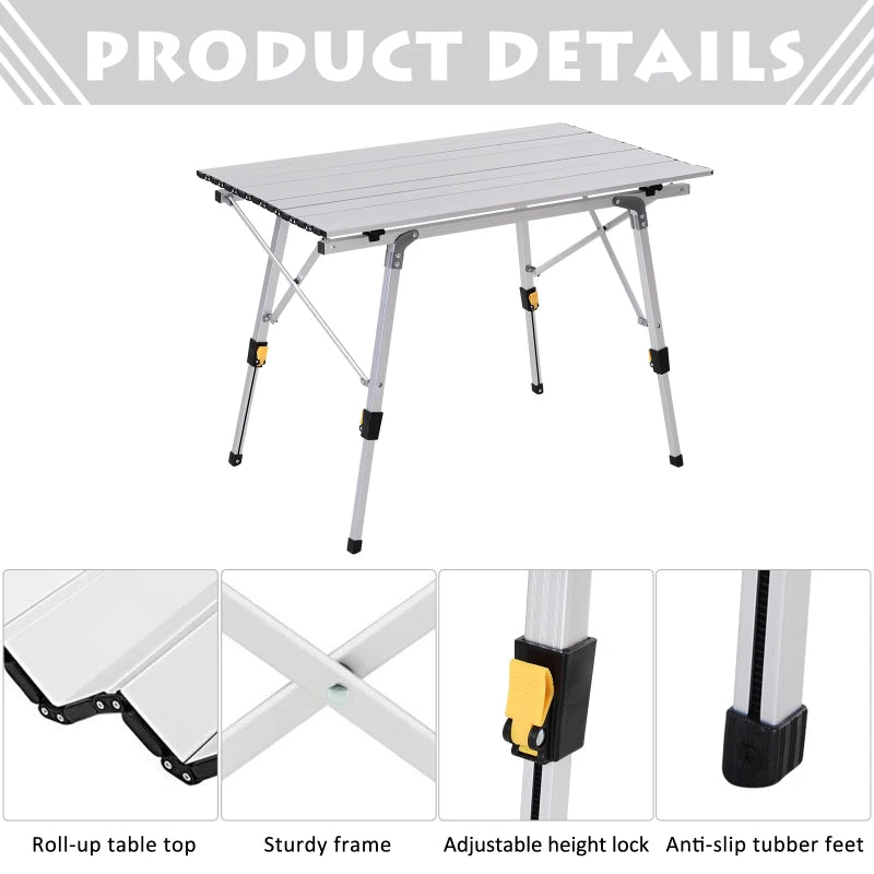 3FT Folding Aluminium Picnic Table Portable Camping BBQ Table Roll Up Top with Carrying Bag Silver