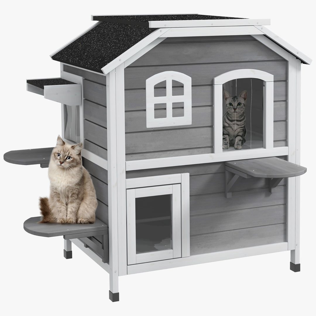 Solid Wood Cat Condos Pet House Water Proof Outdoor 2-Floor Villa, Grey