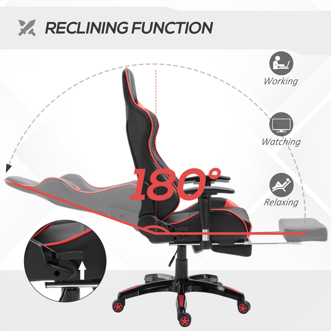 High-Back Gaming Chair Swivel Home Office Computer Racing Gamer Recliner Chair Faux Leather with Footrest, Wheels, Red Black