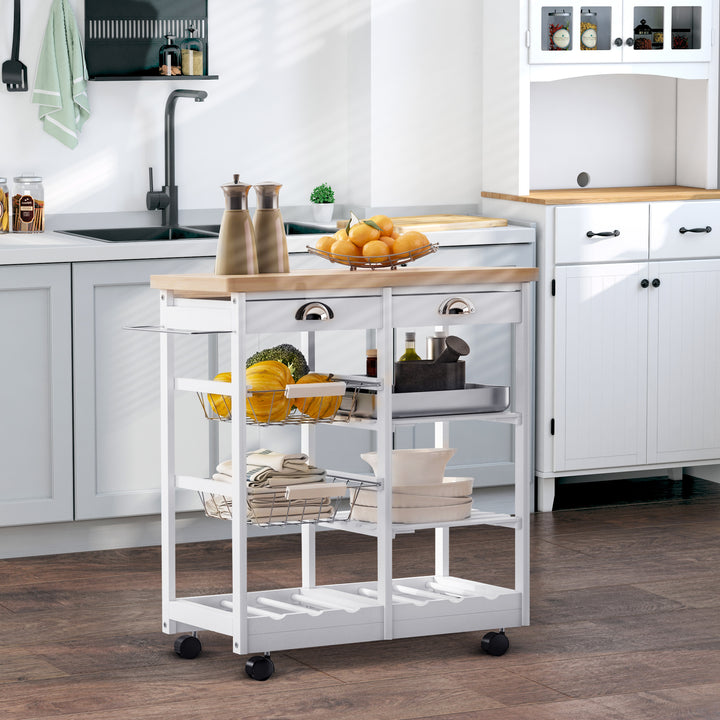 Rolling Kitchen Island Trolley Cart Drawer Shelves Basket Wheels W/  6 Bottle Wine Rack White