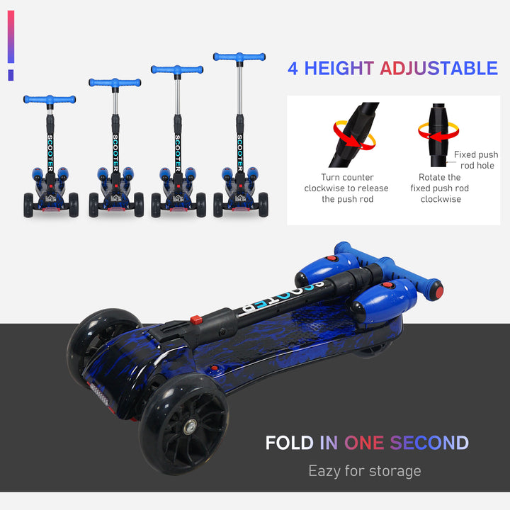 Kids 3 Wheel Kick Scooter Adjustable Height w/ Flashing Wheels Music Water Spray Foldable Design Cool On Off Road Vehicle Blue