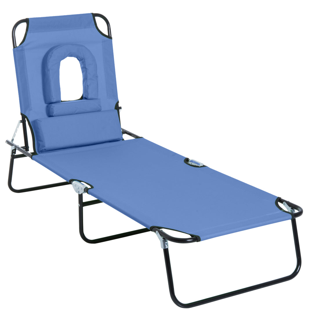 Sun Lounger Foldable Reclining Chair with Pillow and Reading Hole Garden Beach Outdoor Recliner Adjustable Blue