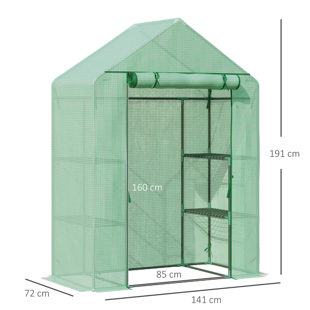 Outsunny Walk-In Greenhouse Portable Gardening Plant Grow House with 2 Tier Shelf, Roll-Up Zippered Door and PE Cover, 141 x 72 x 191 cm