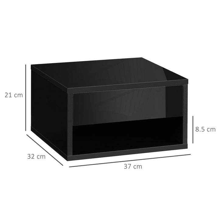 2 Pieces Bedside Table Wall Mounted Nightstand with Drawer and Shelf for Bedroom, 37 x 32 x 21cm, High Gloss Black